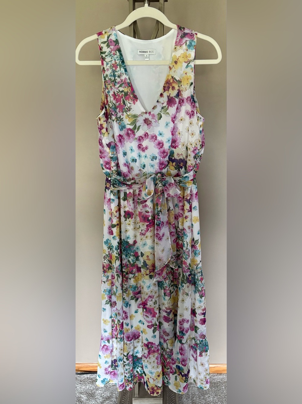 Robbie Bee Halter Maxi Dress with Pink, Yellow and Teal Accents Waist Sash Tie